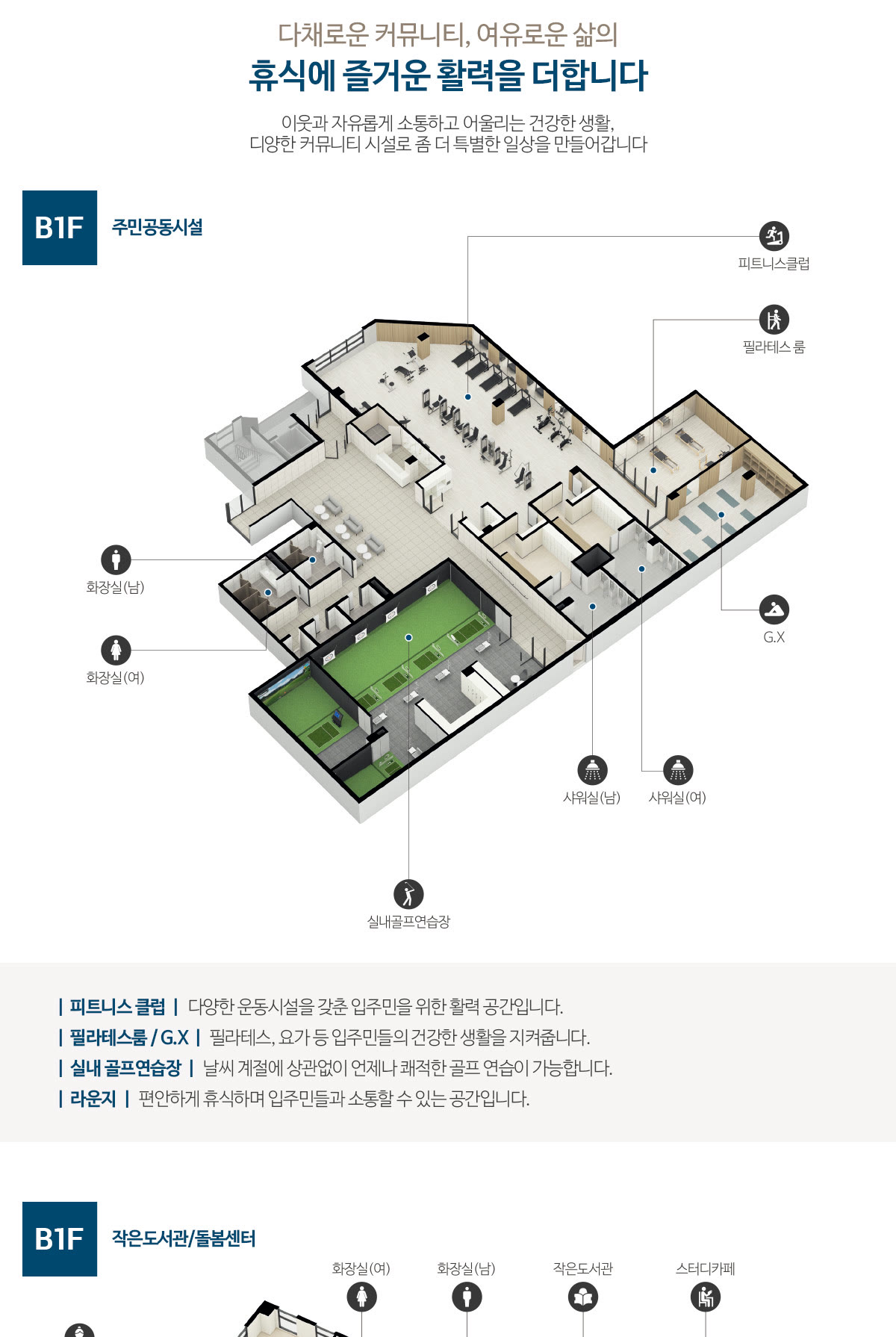 B1F 주민공동시설 — 피트니스클럽·필라테스룸·G.X·실내골프연습장·라운지·샤워실